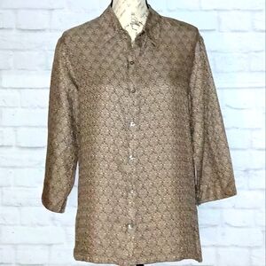 Chico's Taupe and Black 100% Silk 3/4 Sleeve Button Front Blouse, Size 2 (L)